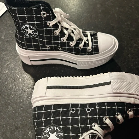 Converse Women's Black & White Plaid High-Top Platform Sneakers - Picture 4 of 8